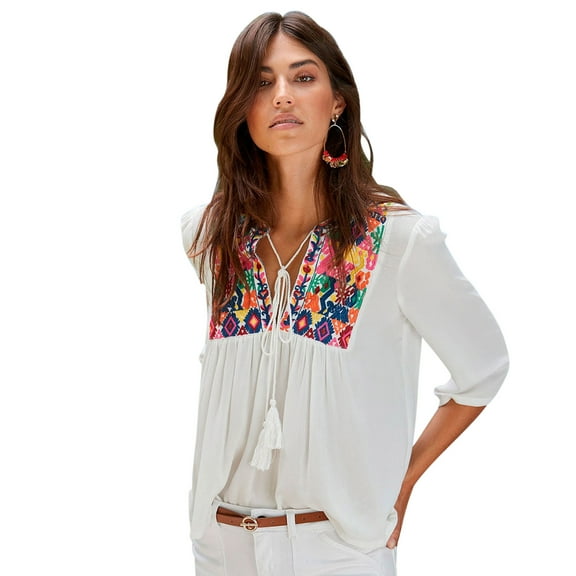 LASCANA Women's Flowy Embroidered Blouse Shirt Embroidered Detail