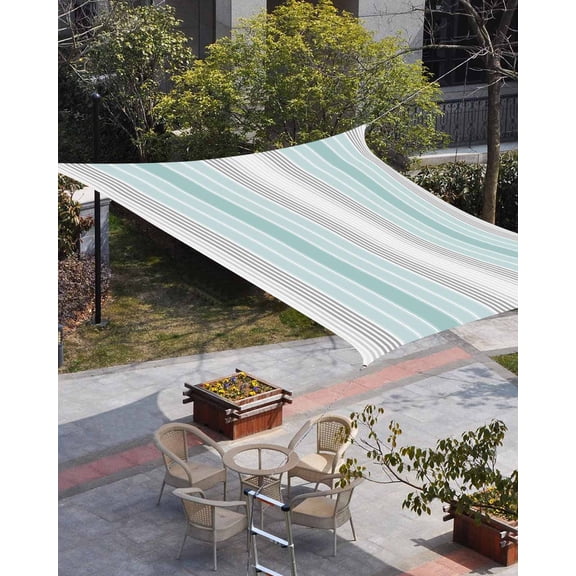 Aqua Gray Stripes Sun Shade Sail 8'x10' Rectangle Outdoor Shade Canopy, Minimalist Gradient Lines Aesthetic Porch Shades Outdoor Sun Blocking Screen, Sunshade Cloth Covers for Patio/Deck/Garden