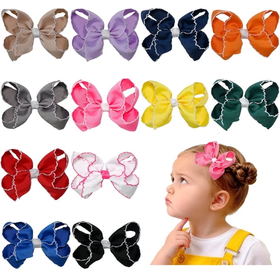 Joybowie 12pcs 3in Small Girls Hair Bows Stitched Edge Ribbon Hair Clips for Toddlers Kids