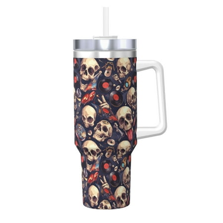 

KLL Skull record rock Print 40oz Stainless Steel Insulated Car Cup Coffee Mug with Spillproof Lid - Keep Your Drink Hot or Cold on the Go