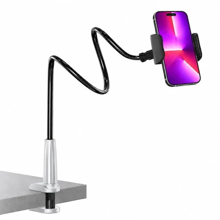 Gooseneck Phone Holder for Bed, Flexible Overhead Cell Phone Mount for Desk, Hands-Free Viewing Clamp Stand Compatible with iPhone 17 16 15 Pro Max and 3.5-7" Devices, White