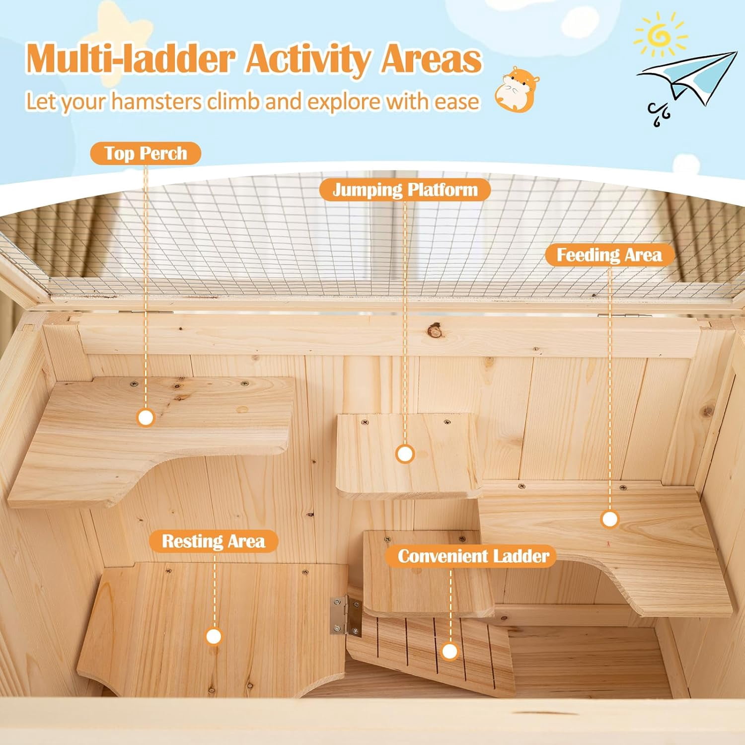 Hejuchuangli 31.5 Inches Freestanding Wooden Hamster Cage, Chew-Proof 2-Layer Hamster House with Full Transparent Viewing, Flip-Top Roof, and Storage Shelf, Ideal for Dwarf Hamster and Gerbils
