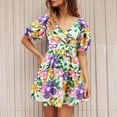 thumbnail image 6 of vigerkar Women's V-Neck Floral Print Short Dress with Lantern Sleeves - Boho Chic Summer Mini Dress Purple, M, 6 of 9