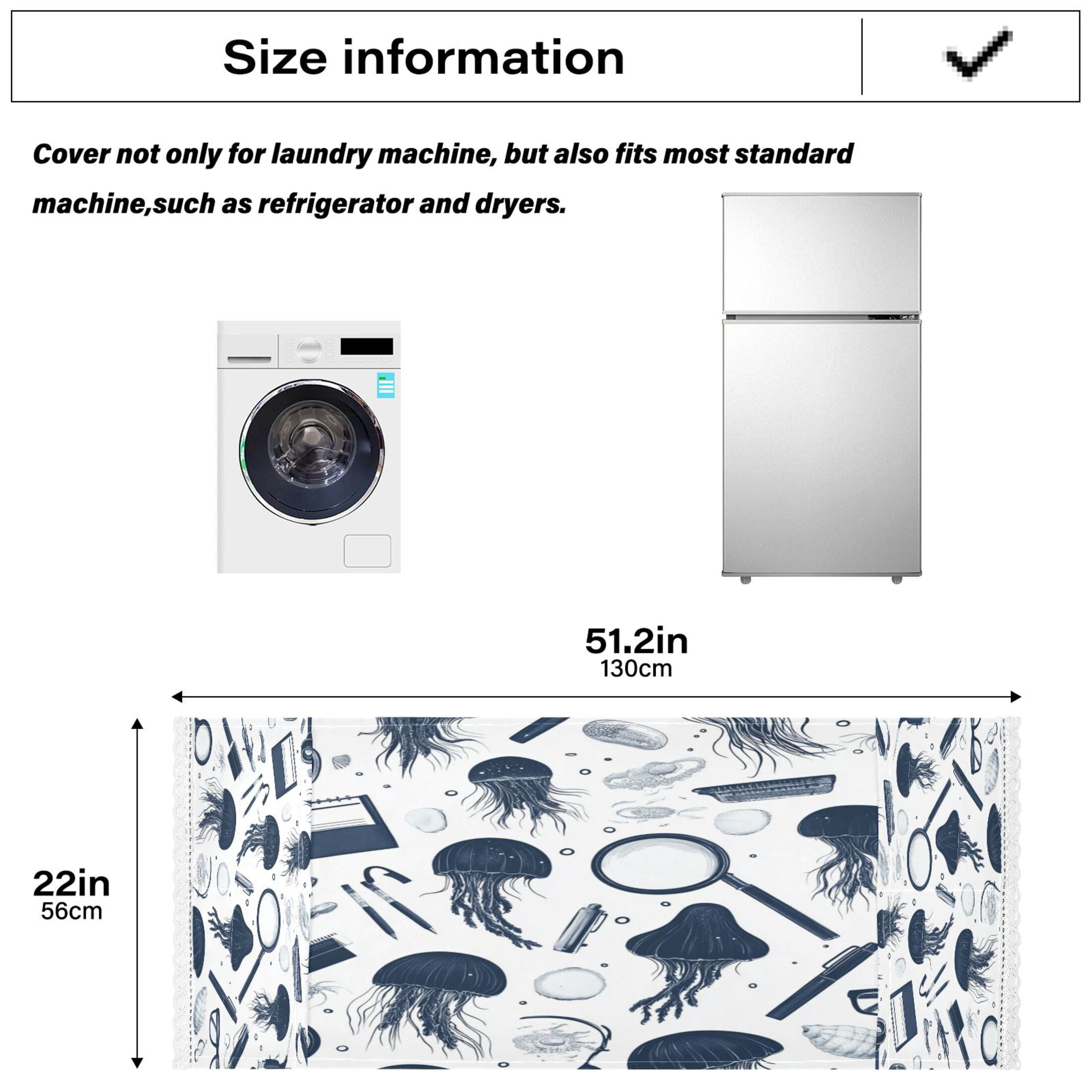 Blue Jellyfish PatternWasher and Dryer Covers Dust-Proof and Oil Resistant Fridge Cover with 4 Storage Pockets Washing Machine Top Cover for Laundry Kitchen Home 51.2 x 22 In