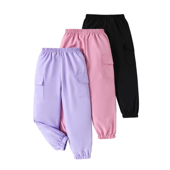 Toddler Girls Clothes Girls Pants Kids 3-Pack Joggers Toddler Cargo Casual Elastic Waist Pants for Girls 4T 5T Size 6 7 8 Black Pink Purple