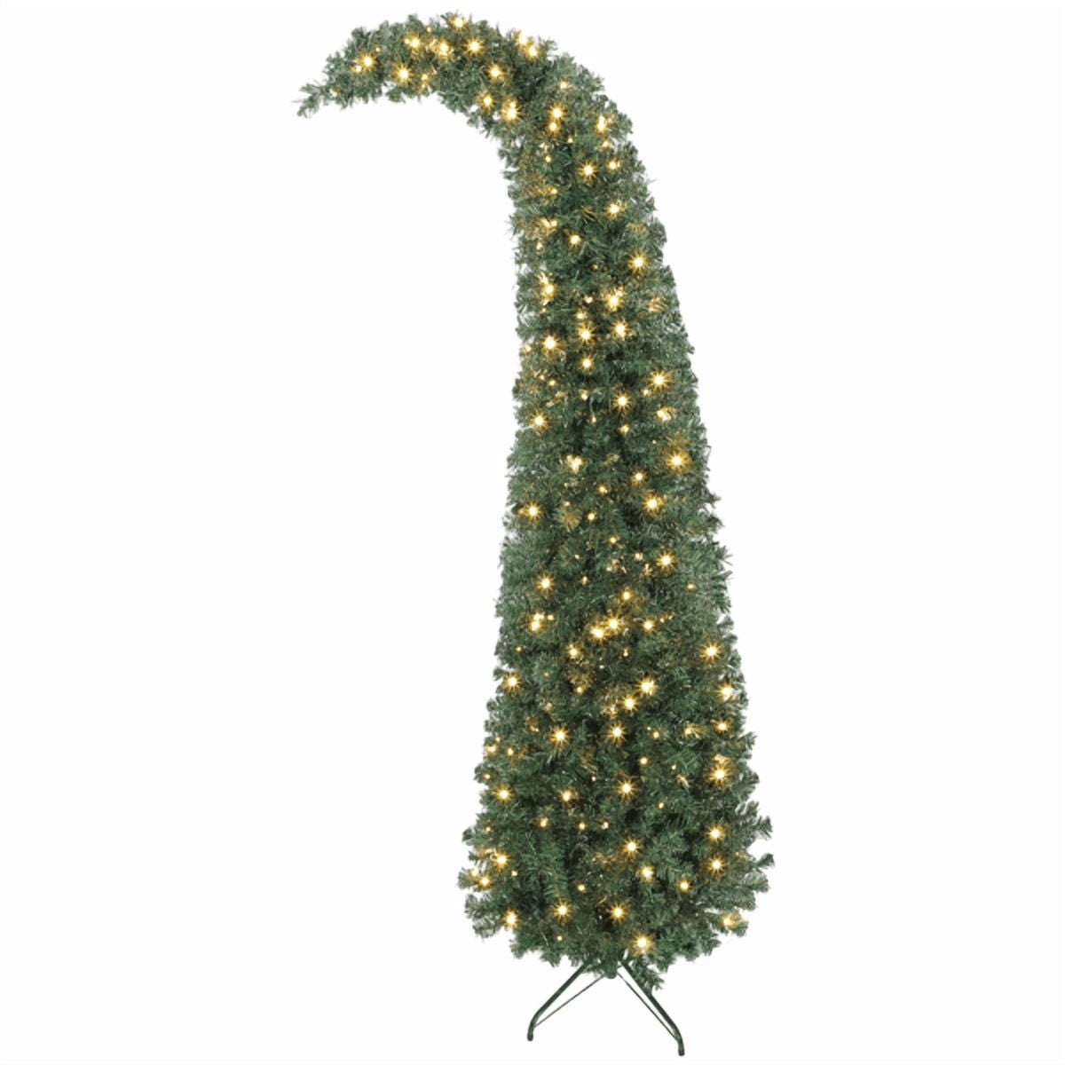 7FT Slim Pre-Lit Christmas Tree - Bent Santa Hat Top, Flame-Retardant Plastic, Metal Base, Indoor Use Only, Small Space Decor