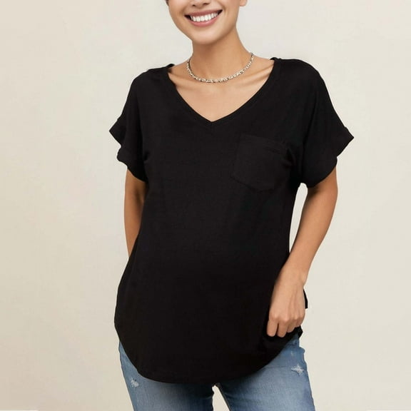 Fanxing Women's Casual Maternity T-Shirts Short Sleeve V Neck Maternity Tops Pregnancy Curvy Hem Tshirts with Pocket Black,XL