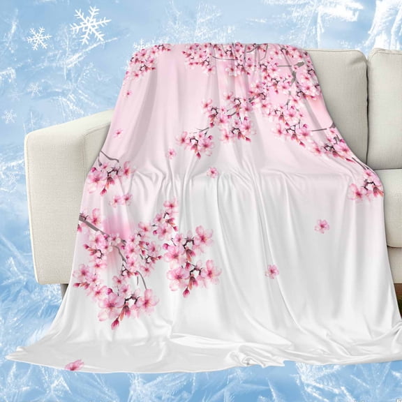 Cherry Blossom Cooling Blanket, Lightweight Breathable Summer Throw Blanket with Double Sided Cold Effect, Gradient Tree Pink Flower Plant Picnic Beach Blankets Bed Sheet for Hot Sleepers 40"x60"