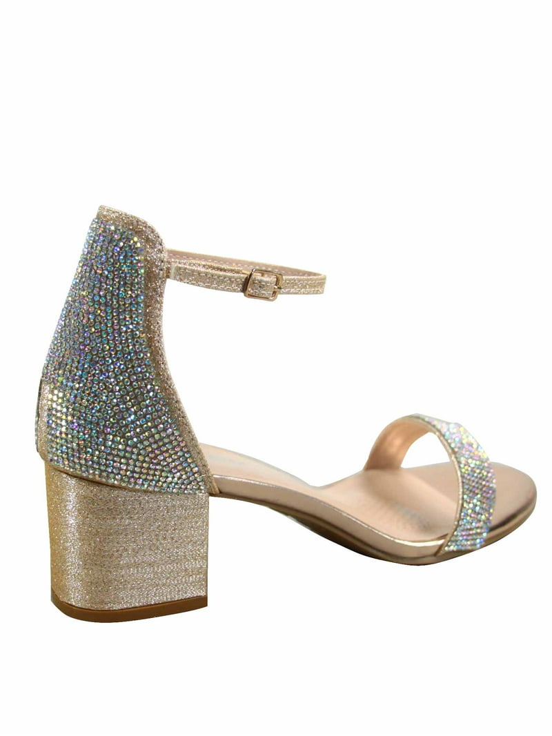 Nataly-10 Open Toe Rhinestone Ankle Strap Buckle Low Chunky Heels Causal  Sandals Shoes (Champagne, 6)