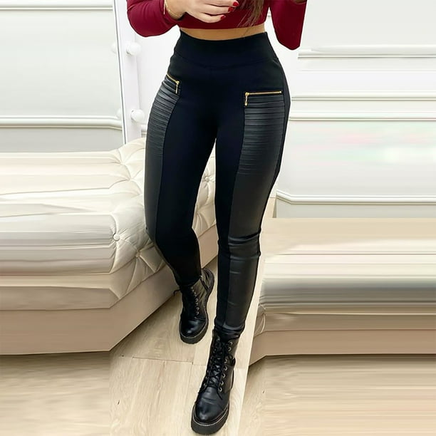 WILLBEST Pantalones Casuales elegantes para Mujer, Cintura Alta, Cuero, Cremallera, Diseño En Contraste. Chica