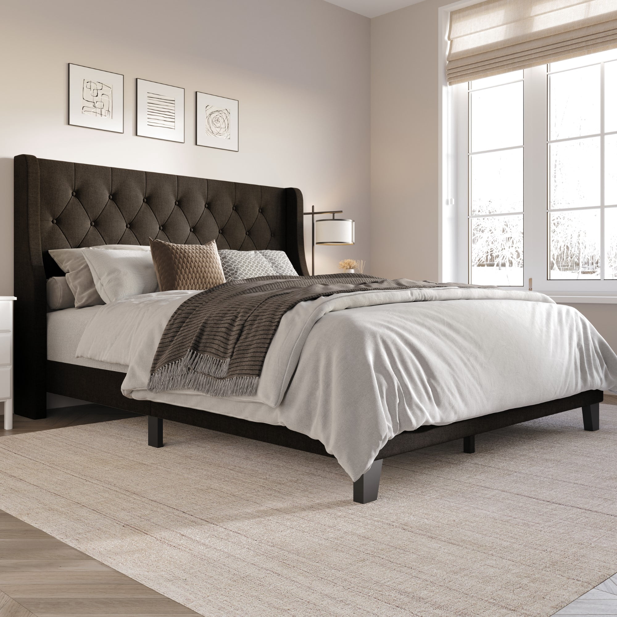 Home Design Medford Full Tufted Upholstered Panel Bed with Wingback Headboard and Button Tufting, Dark Brown, Easy Assembly