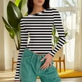thumbnail image 5 of hotojiny Long Sleeve Shirts for Women Fall Crop Going out Tops Casual Crew Neck Ruched Clothes Fashion Stripes Slim Fitted Tee, 5 of 7