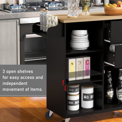 Kitchen Island Cart on Wheels, with Door Cabinet, 2 Drawers Towel Spice Rack,  Utility Cabinet with Drop-Leaf Rubber Wood Top Open Shelves for Home Kitchen,  Dinning Room, Cart Home Bar Furniture, Black 