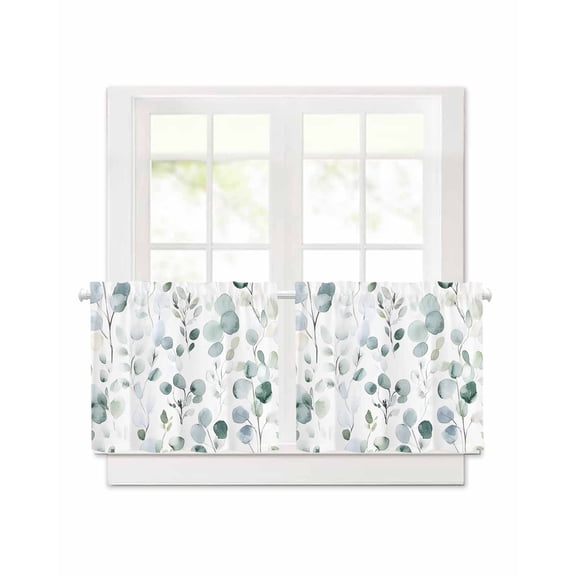 Watercolor Eucalyptus Leaf Short Blackout Curtains 30 Inch Long,Rustic Sage Green Plant Rod Pocket Kitchen Curtains,2 Panels Thermal Insulated Room Darkening Drapes for Bedroom,30"W x 30"L