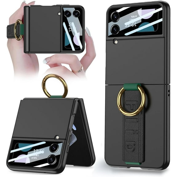 Compatible for Samsung Galaxy Z Flip 4 Case with Wrist Strap,Ultra Thin Matte PC Anti-Drop Wear-Resistant Built-in Glass Camera Screen Protector Case with Ring for Galaxy Z Flip 4 5G Carbon