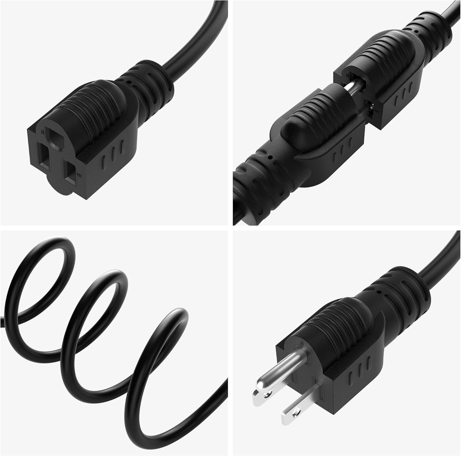 JJEAN-Extension Cord 6 FT (2-Pack), 3 Prong Extension Power Cord, 16/3 Gauge Flexible Cold, 13A 1625W 16AWG, 3 Prong Electric Cord, ETL, Black Cable with 25 Cable Ties