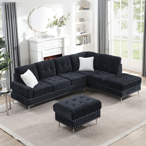 Howcool L Shaped Sectional Sofa, 4 Seater Couch with Chaise Lounge, Storage Ottoman, Cup Holders and Pillows, Modern Linen Fabric Couch for Living Room(Blue)