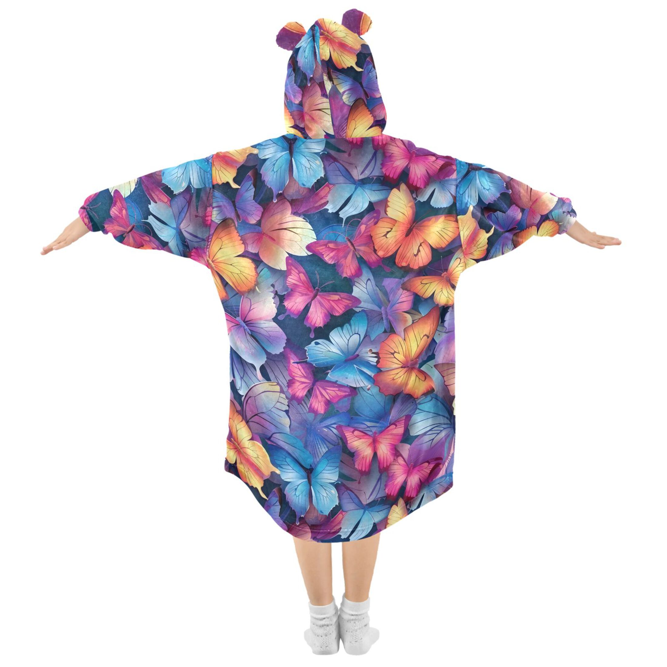 Dailycode Wearable Blanket Hoodie Oversized Sherpa Flannel Blankets with Pocket for 3-14 Year Old Vibrant Butterflies
