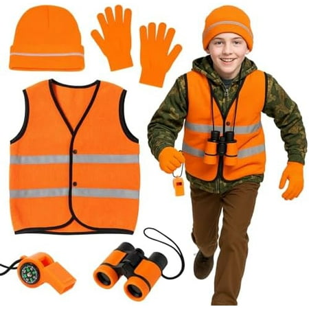A 5-piece blaze orange hunting costume set with vest hat gloves whistle and binoculars for kids.