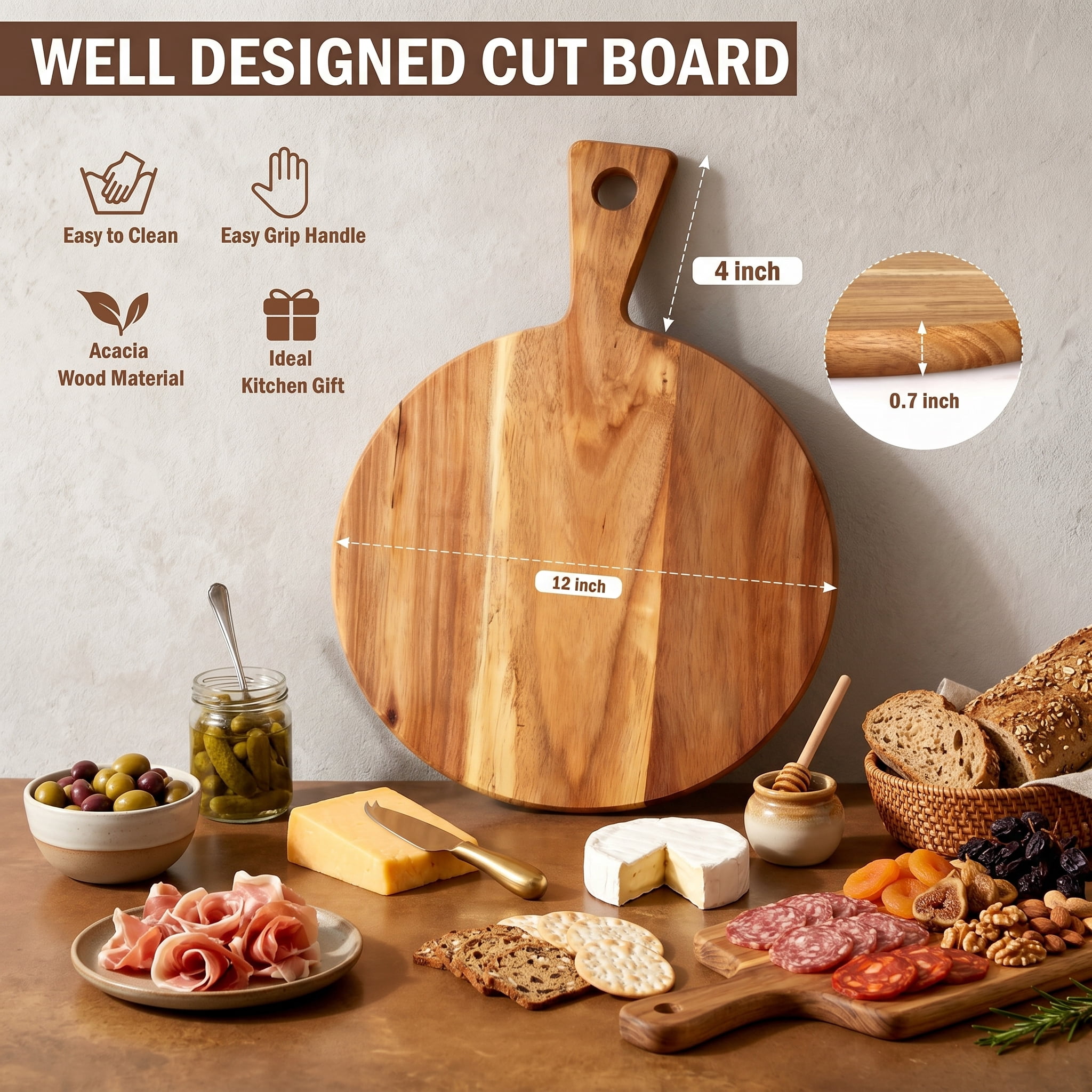 Acacia Wood Charcuterie Board, 12 Inch Round Tray with Handle, Multipurpose Acacia Wood Cutting Board for Cheese, Bread, Meat and Pizza Serving