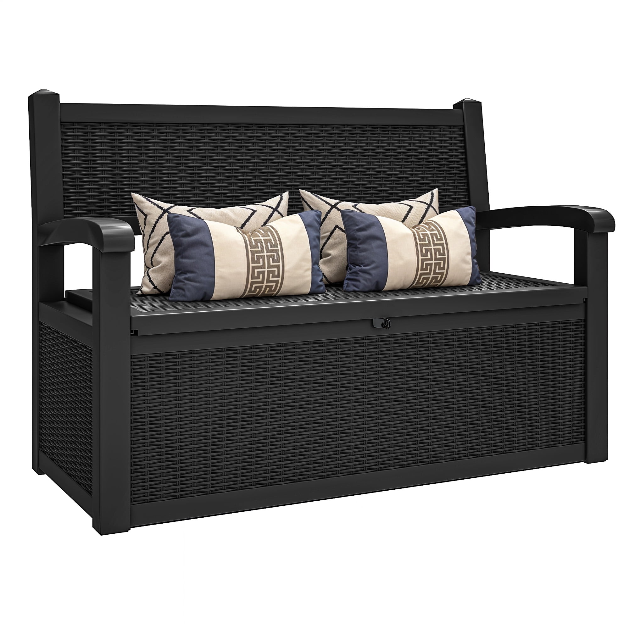 Uforic 70 Gallon Outdoor Resin Deck Bench, Waterproof & Lockable Storage Box  Bench with Armrests for Garden Patio, Black