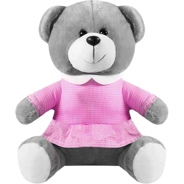 PELUCHERIA - Ositos de Peluche con Vestidos a Cuadros, 25 cm, Marrón, Gris, Azul y Beige
