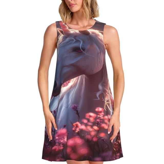 Fotbe Flower White Horse Vestido de Verano sin Mangas para Mujer – Vestido Midi Línea A, Estilo Camiseta Floral, Vestido Playero Casual y Fluido