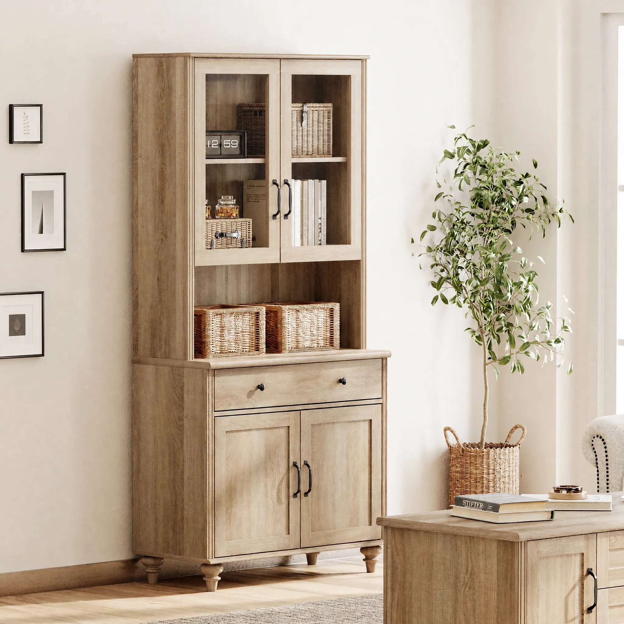 Sideboard Buffet Cabinet with Storage, Large Bookcase, Bookshelf with Storage Cabinet, Farmhouse Library Wooden Bookshelves for Living Room, Office, Study Room, Kitchen, Oak, 72" H