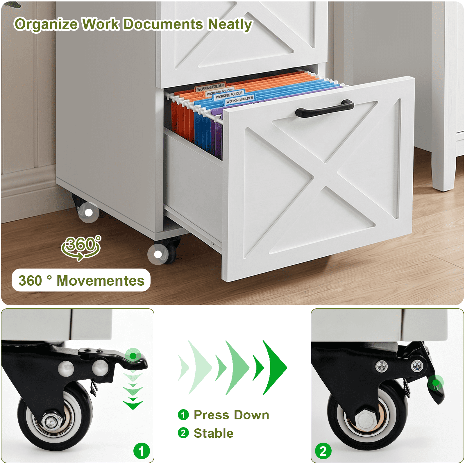 Leumius 3-Drawer File Cabinet with Wheels,Rustic Farmhouse Vertical Rolling Storage Cabinet,Printer Stand & Mobile Organizer for Letter/A4,White