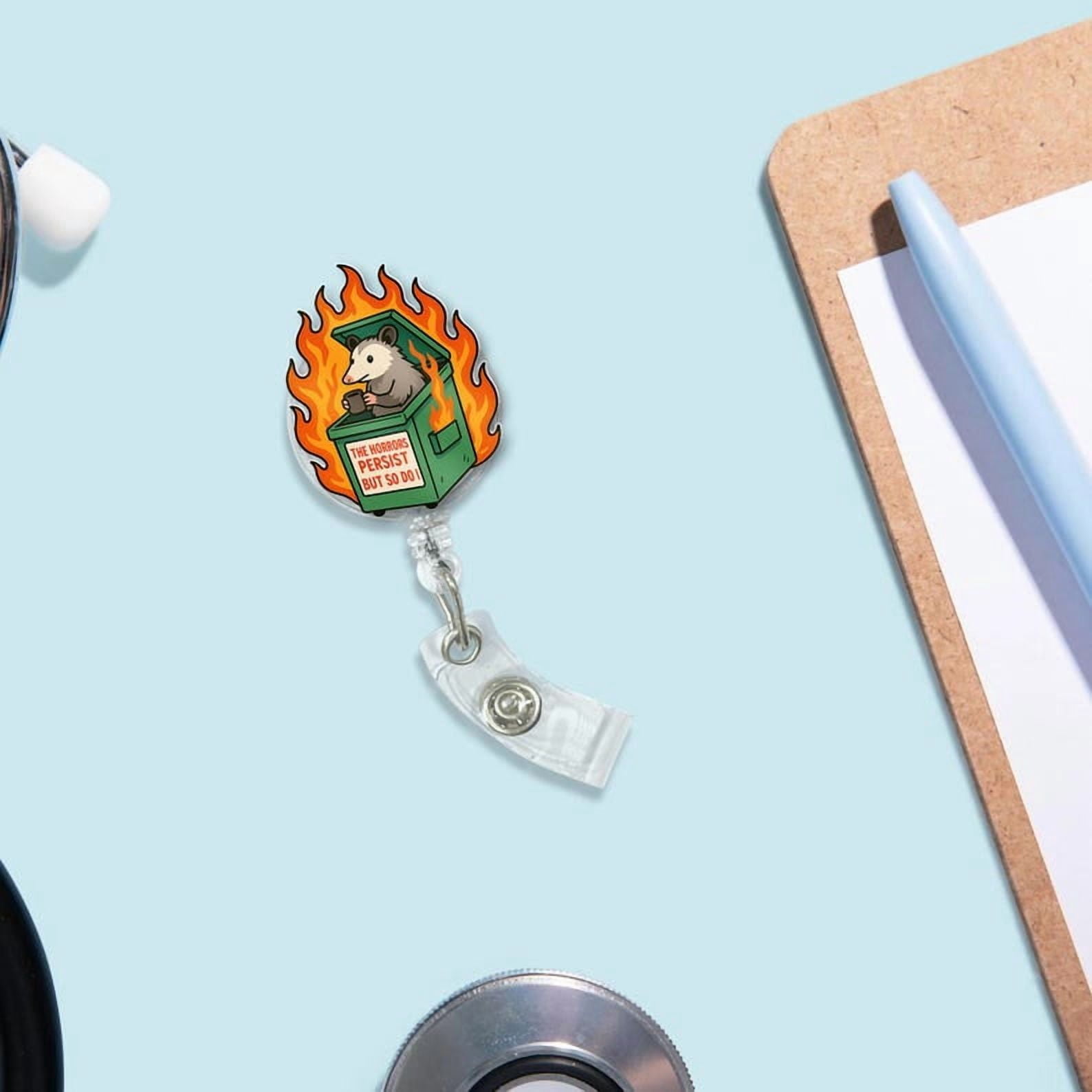 ViciArt Funny Possum Dumpster Fire Badge Reel, Acrylic Retractable ID Holder, Sarcastic Clip