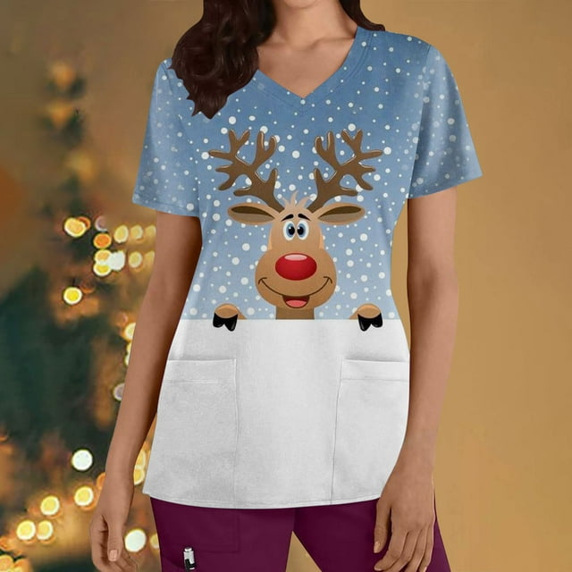 LSLJS Christmas Blouse de Noël à Manches Courtes Col en V avec Poches Imprimées pour Femmes, Scrub Tops