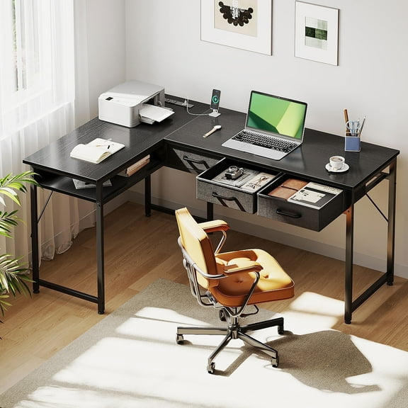 48 inch L Shaped Computer Desk with Drawers, Corner Desk with Power Outlets & Reversible Storage Shelves, Simple Computer Desk for Home Office Gaming, Black