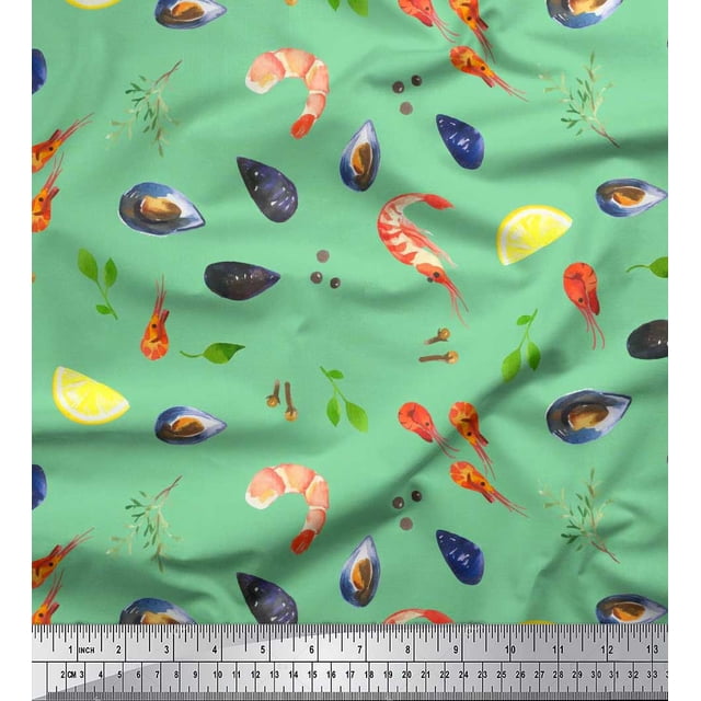 Soimoi Poly Georgette Fabric Gemstone,Lemon Slice & Prawns Food Printed Fabric 1 Yard 42 Inch Wide