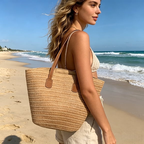 Ohmyroo Natural Tan Seagrass Straw Tote Bag Large Capacity Handwoven Beach Purse For Women Vacation Boho Market Carrier Durable Craftsmanship