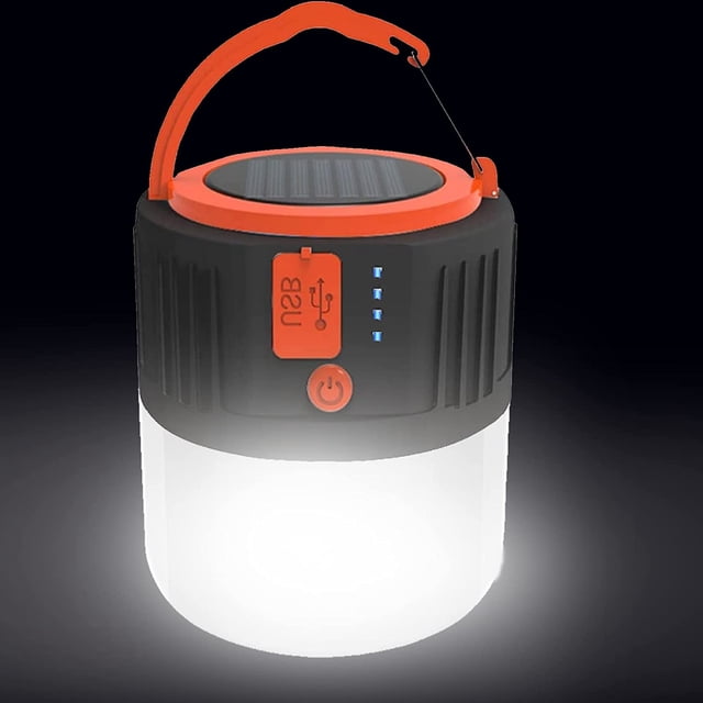 Lámpara solar de camping - Linterna LED portátil recargable por USB, luz de seguridad impermeable para jardín, pesca nocturna, caza y camping (negra)