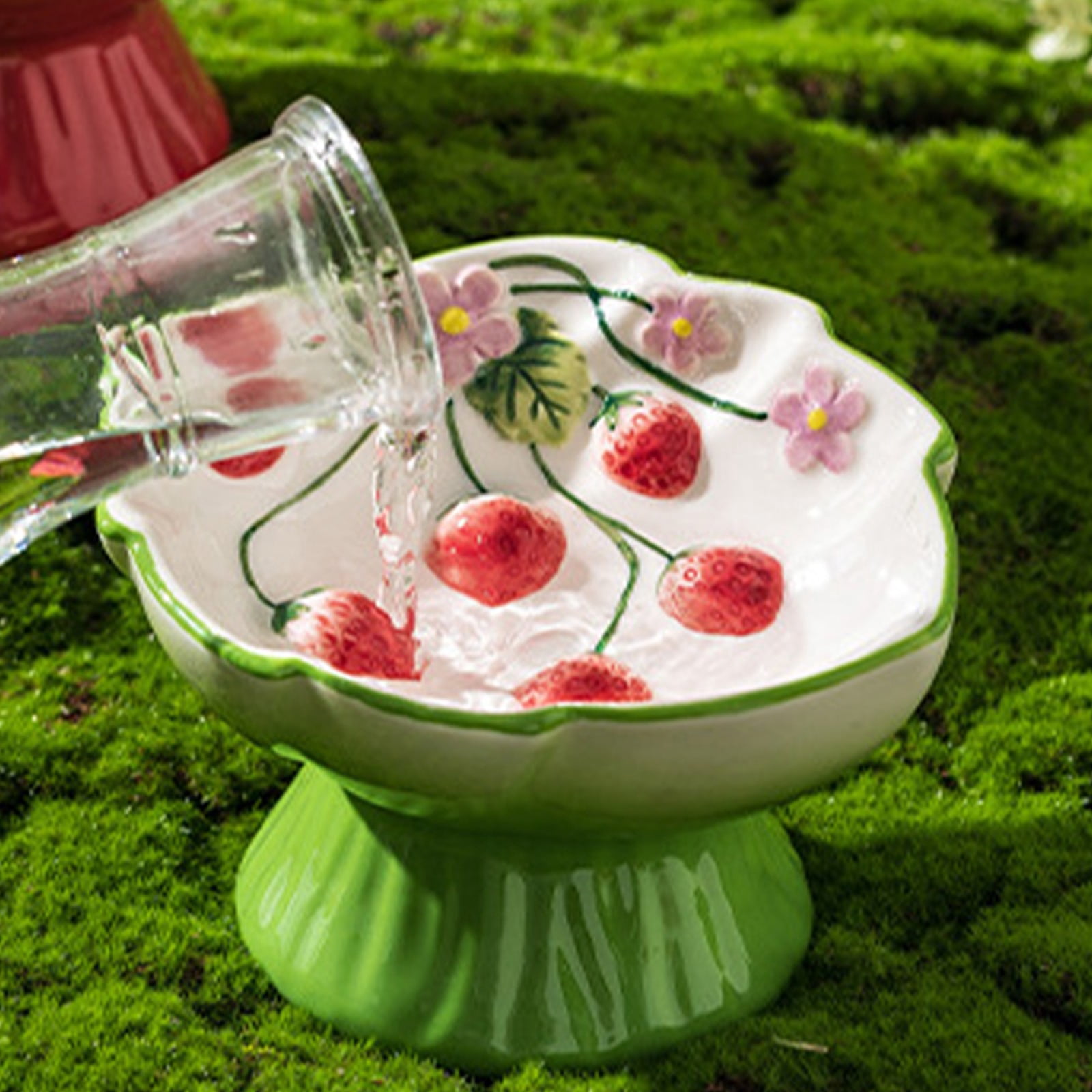 Tarmeek Pet Slow Feeder Bowl Ceramic Strawberry Design Elevated Anti-Choke Anti-Tip Cat Dog Bowl for Neck Health Green