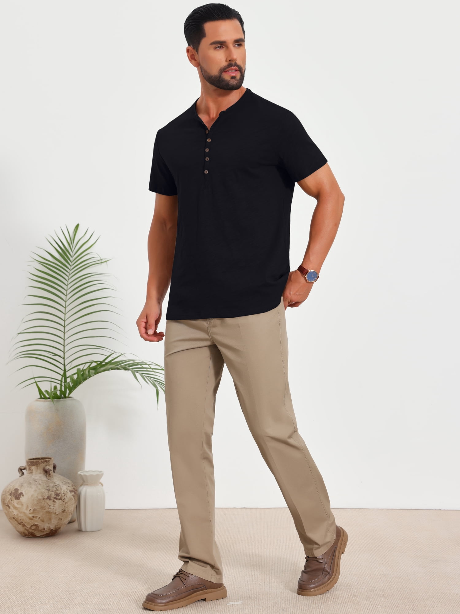 DARING DIVA Men's Retro Henley Texture Button Down Short Sleeve T-Shirt 2XL Black