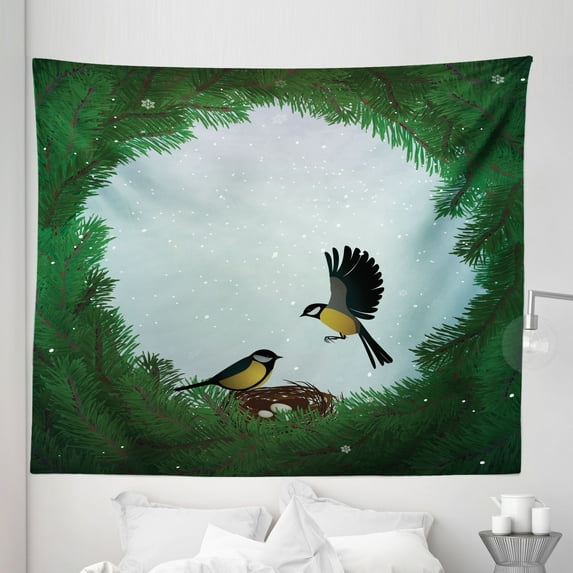 Birds Nest Tapestry, Eco Lover Themed Winter Fir Branches Wreath Circle Frame Animals, Fabric Wall Hanging Decor for Bedroom Living Room Dorm, 5 Sizes, Emerald Pale Cadet Blue, by Ambesonne