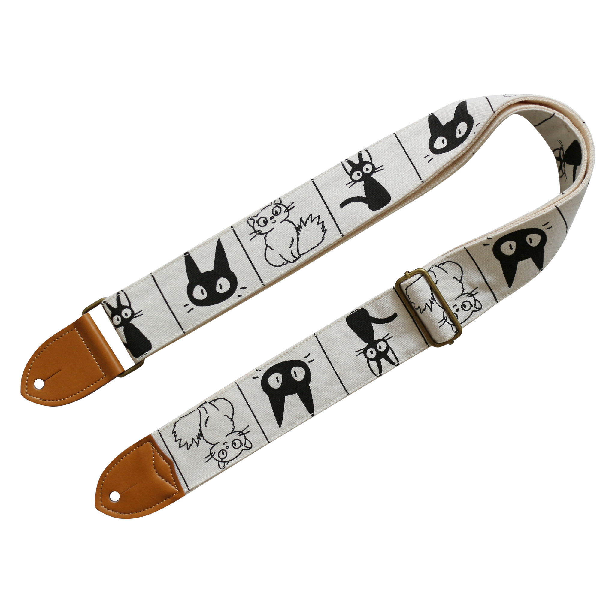 MUSIC FIRST Original Design, 2 inch width (5cm), Cute Comic Cat Soft Cotton Canvas & Genuine Leather Electric Guitar Strap