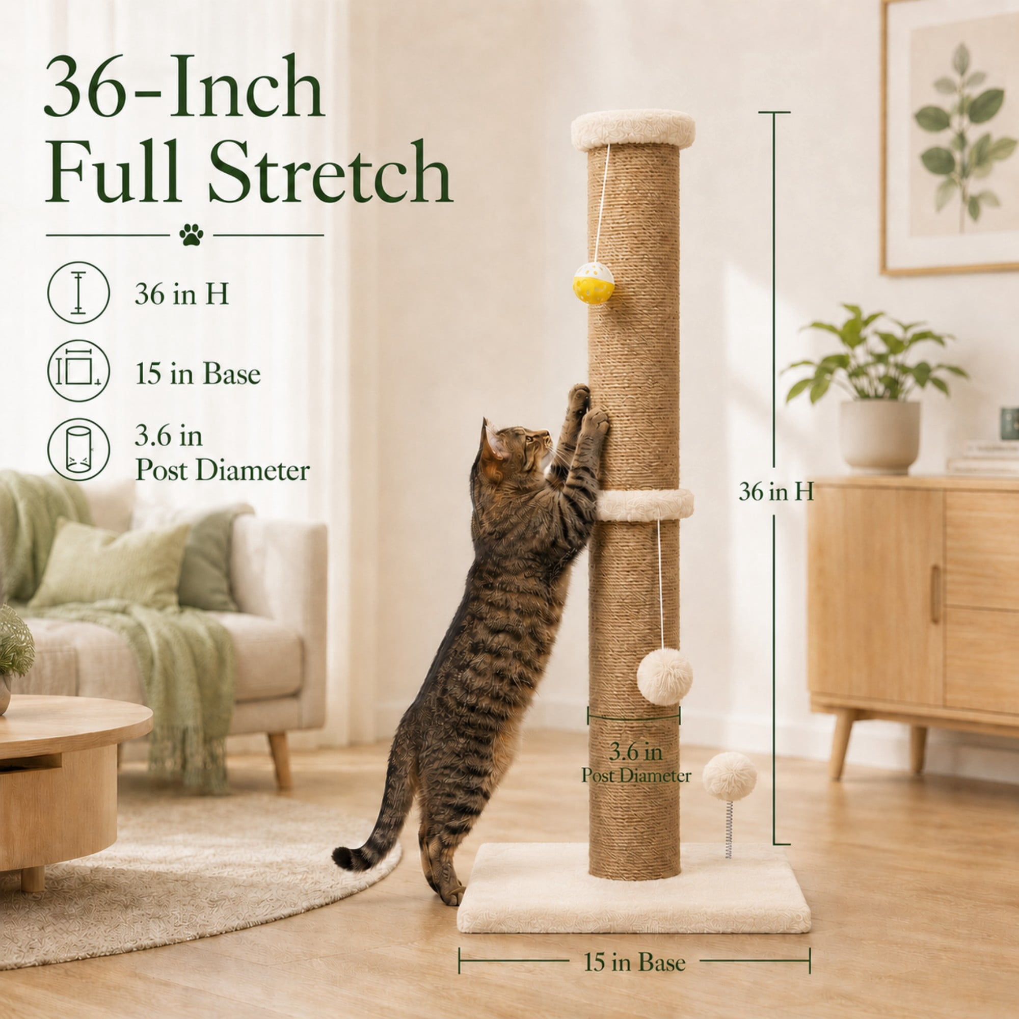 PELUOMOZ Cat Scratching Post, 36 in Beige Sisal Scratch Tower with Stable Base and Interactive Toy