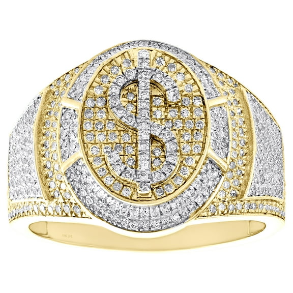 10K Yellow Gold Round Diamond Money Dollar Sign Pinky Ring 17mm Band 0.95 CT.