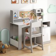 Reasea Kids Study Desk and Chair Set with Tiltable Desktop, Hutch & Storage - Wooden Writing Table for Ages 5-12, Grey