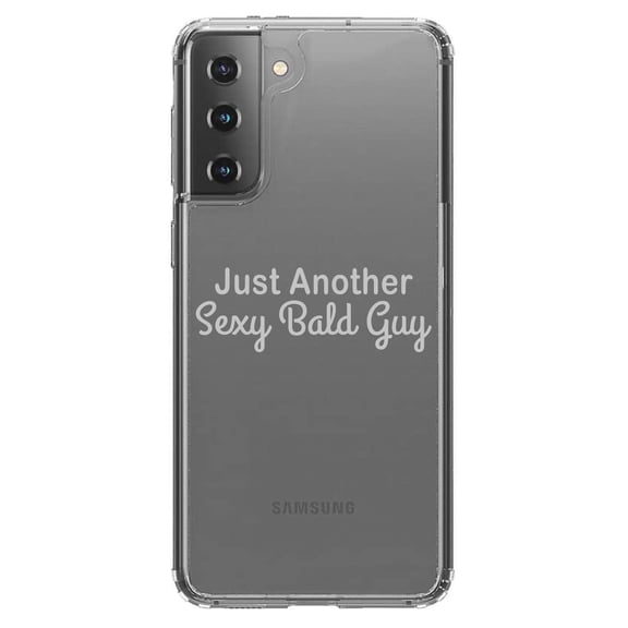 DistinctInk Clear Shockproof Hybrid Case for Galaxy S21+ PLUS 5G (6.7" Screen) - TPU Bumper Acrylic Back Tempered Glass Screen Protector - Just Another Sexy Bald Guy