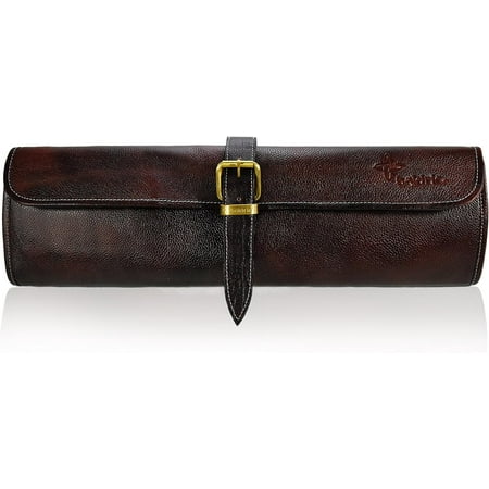 

Buckle Water Buffalo Leather Chef Knife Bag - Professional Grade Roll Travel Knife Case – 8 Tool Holder Slots For Knives Pens Pencils Spoons (Dark Brown)