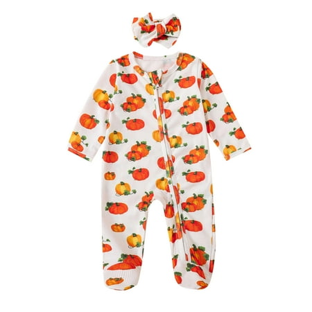 

WERNZATT Baby Halloween Jumpsuits Long Sleeve Pumpkin Print Full Zip Rompers