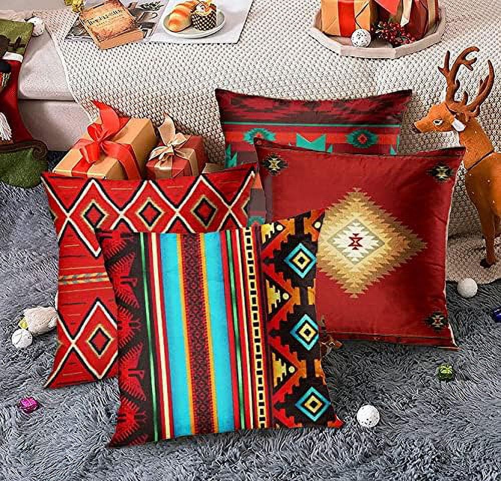 Set of 4 Throw Pillow Covers South Southwest Western Tribal Red Native Home Cultural Geometric Hue Country Decorative Pillow Cases Home Decor Square 16x16 Inches Pillowcases