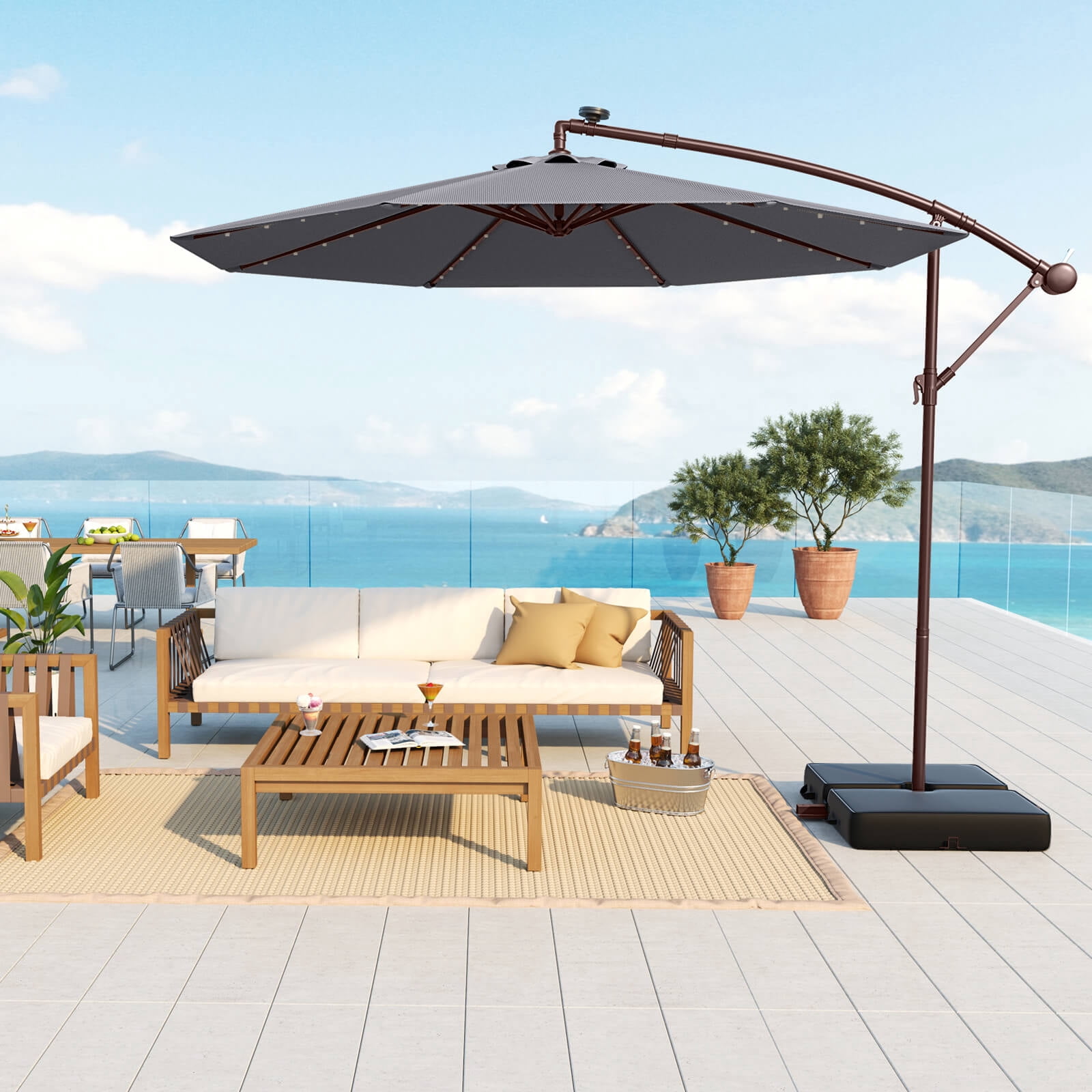 Costway Patio 10FT Hanging Offset Umbrella 32 LED Lights Sand Bag Outdoor Cross Base Dark Gray