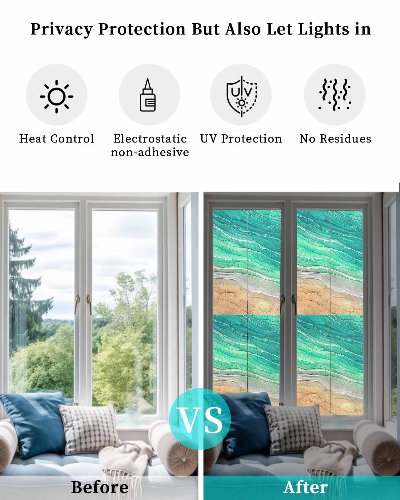 Window Privacy Film, Green Ocean Ombre UV Sun Blocking Window Tint Film Heat Control One Way Blackout Window Film, Spring Summer Coastal Sea Wave Non Adhesive Static Cling Window Sticker 17.7x78.7 In