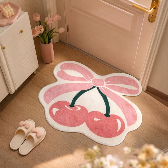20 X 31.5-Inch Cherry Area Rug, Decorative Floor Mat, Irregular Fruit and Bow Silhouette with a Soft Tufted Face, Textile Pile with a Floor Friendly Backing with a Playful Accent That