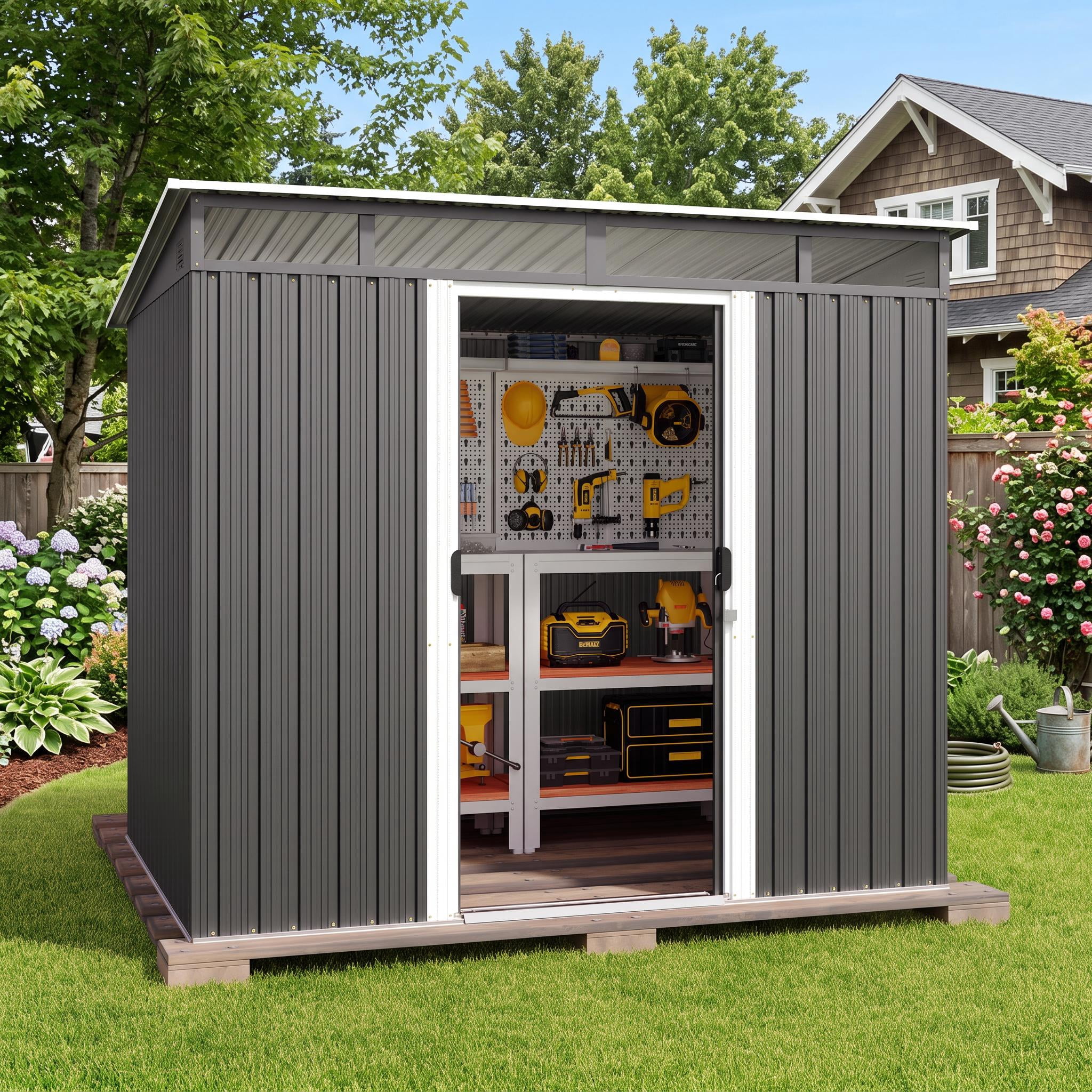 YODOLLA Outdoor Open-Sided Storage Shed with Hardtop Pergola 14x4